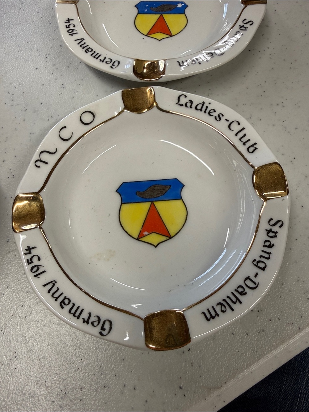 2 Vintage Ladies-Club MCO Ceramic Ashtray with Heraldic Crest Spang-Dahlem 1954